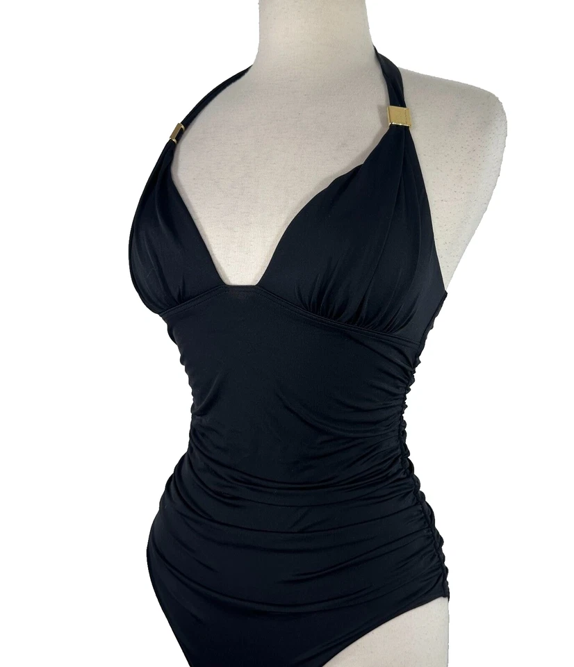 Traje de baño Victoria’s Secret negro de una pieza halter talla pequeña acanalado Foto 2 de 4