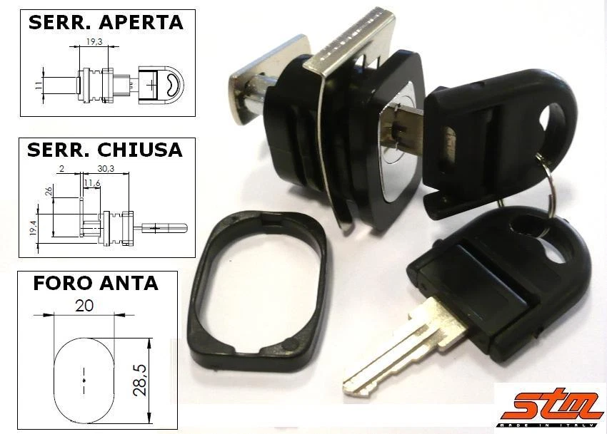 STM SRL SERRATURA A PRESSIONE PUSH 014 per ANTE SCORREVOLI, Nera e Cromata, Rotaz. 90°