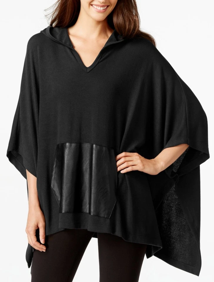 Suéter poncho Karen Kane 3N94708 tamanho grande capuz preto com bolso de couro canguru