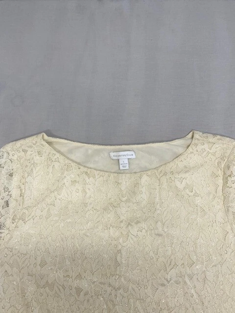 Blusa túnica Charter Club para mujer color crema ganchillo forrada manga 3/4 boho talla grande Foto 3 de 4