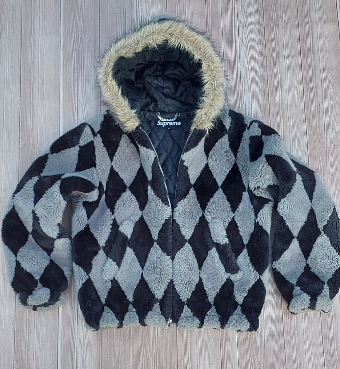 Supreme Diamond Faux Fur Jacket Black Gray Size Medium Bomber ...