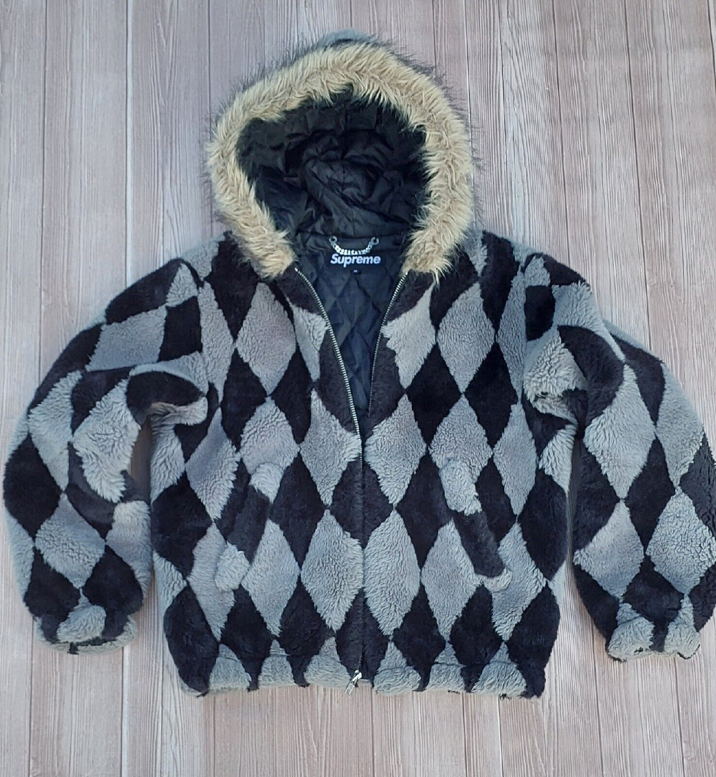 Supreme Diamond Faux Fur Jacket Black Gray Size Medium Bomber