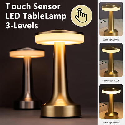 LED Metal Table Lamp Touch 3 Color Dimming Night Light Cordless Rechargeable