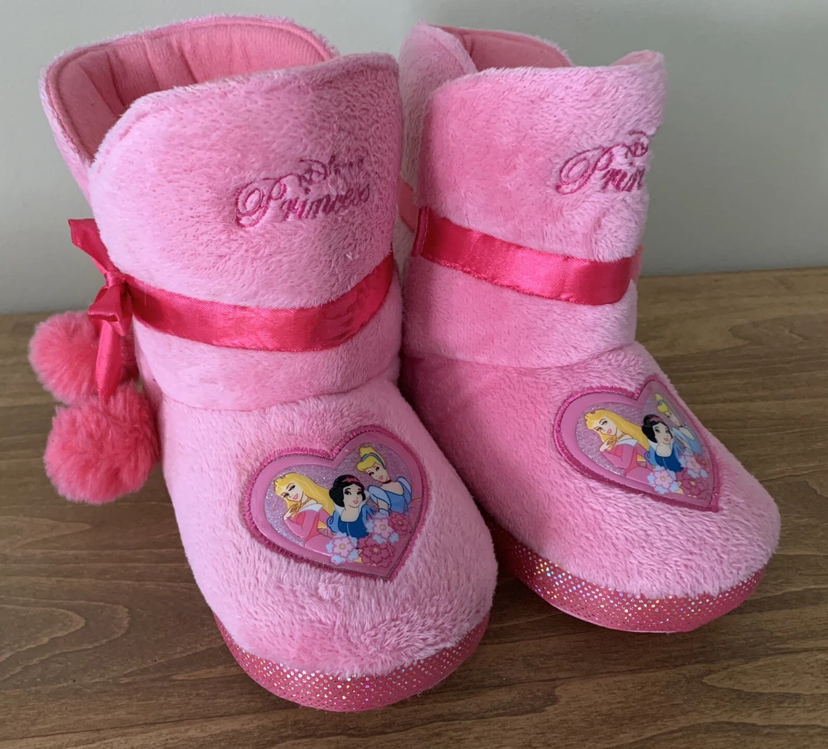 Disney Princess Girls Boot Slippers House XL 11 12 Bows Pom Poms Soft |