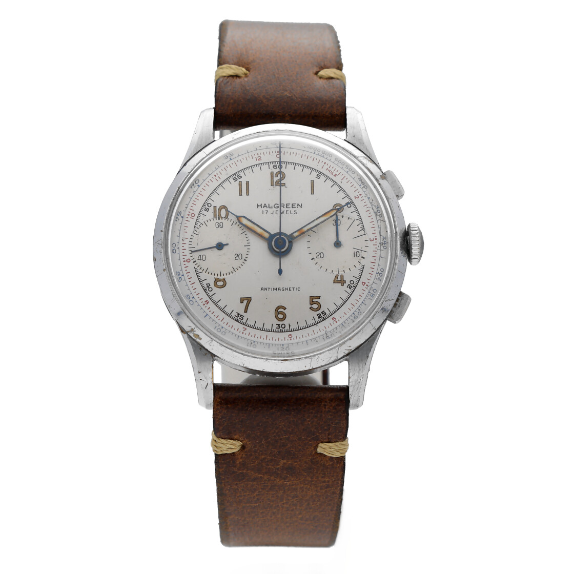Vintage Halgreen 17 Jewels Chronograph Brown Leather Manual Wind