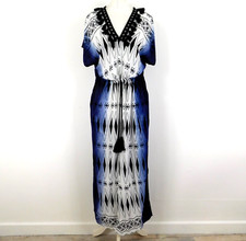 Hyena Black White Purple Tassel Print Dress Size Small Kaftan Rayon Boho Summer