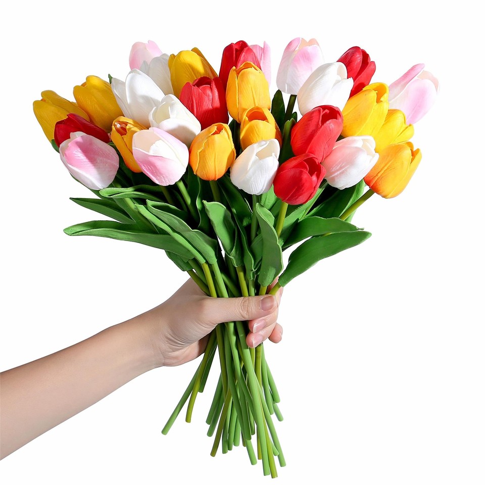 15 Pieces Fake Tulips Artificial Assorted Colors Flowers Real Feel 14