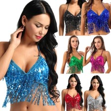 iiniim Womens Shiny Sequins Belly Dance Top Halter Neck Tassel Bra Top Costume