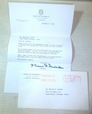 1982 William Milliken signed letter, Governor of Michigan, autograph