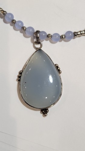 Grigio Blu Agata Calcedonio Pietra Lacrima 925 Pendente Argento Perline Collana - Foto 2 di 4