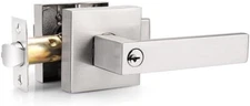 Probrico Satin Nickel Keyed Door Levers, Square Entry Lockset Front Door Office