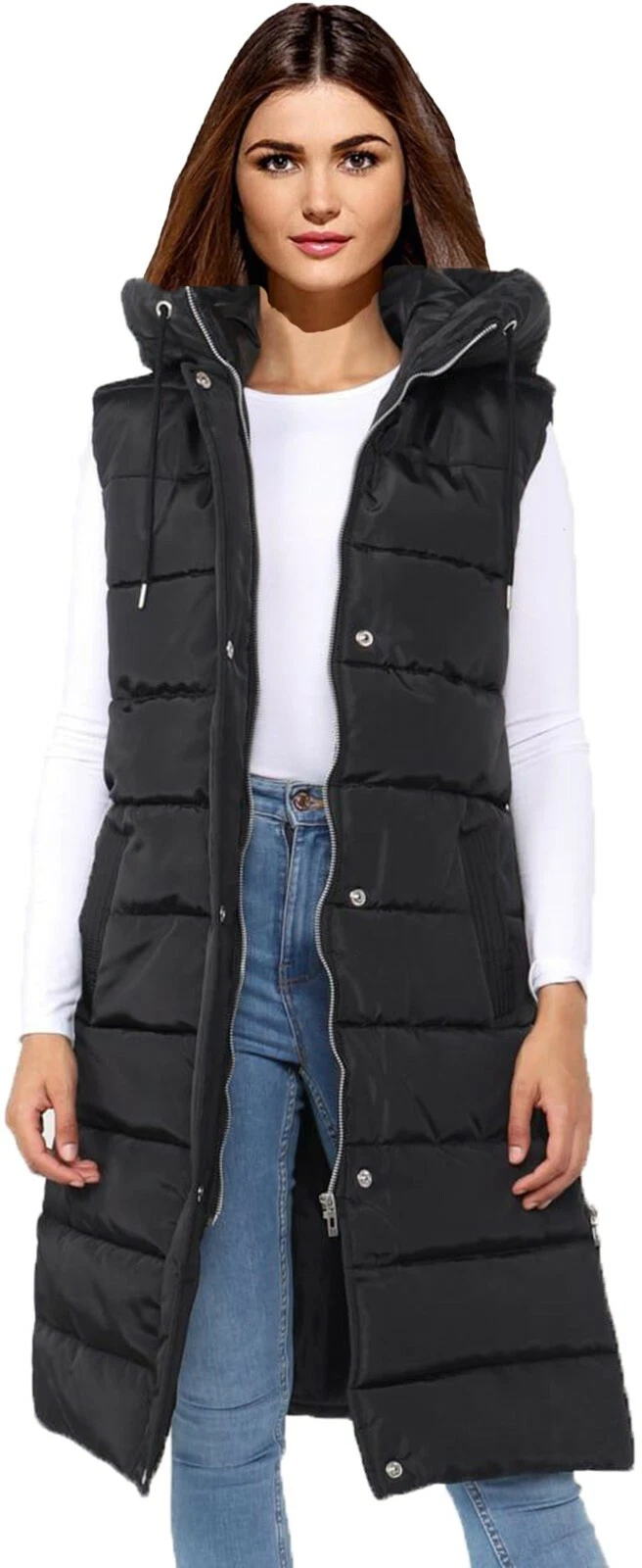 Long Gilet Sleeveless Bodywarmer Popper Zip Quilted Hooded Coat Pockets