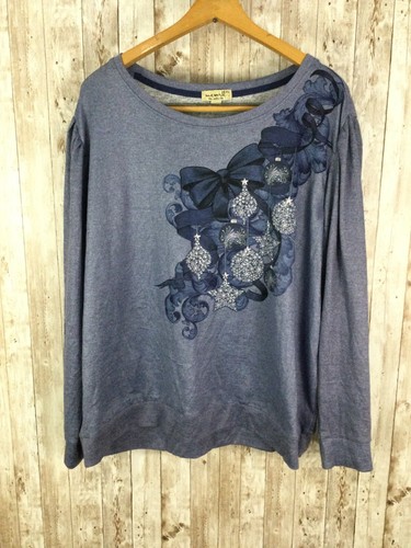 One World Live and Let Live XL Blue Holiday Tunic Top Beaded Puff Shoulders NICE - Picture 2 of 6