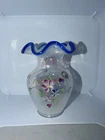 fenton iridescent vase with blue ruffled edge & hand panited flowers