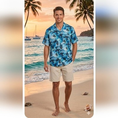 Hisdern Teal Blue Vintage Palm Tree Hawaiian Aloha Print Shirt 3XL