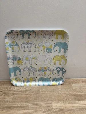 IKEA Elephant Decorative Serving Tray 13” Square White Blue Green Melamine Boho - Image 1 of 4