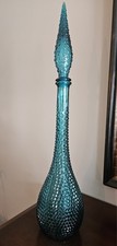 Vintage MCM Teal Empoli Diamond Hobnail Genie Bottle Decanter Made In Italy