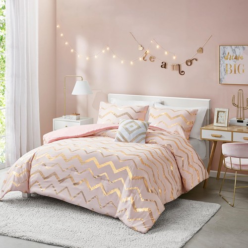 Girls Comforter Set Twin Size, Pink and Gold Girl Twin Bedding Sets for Teens...