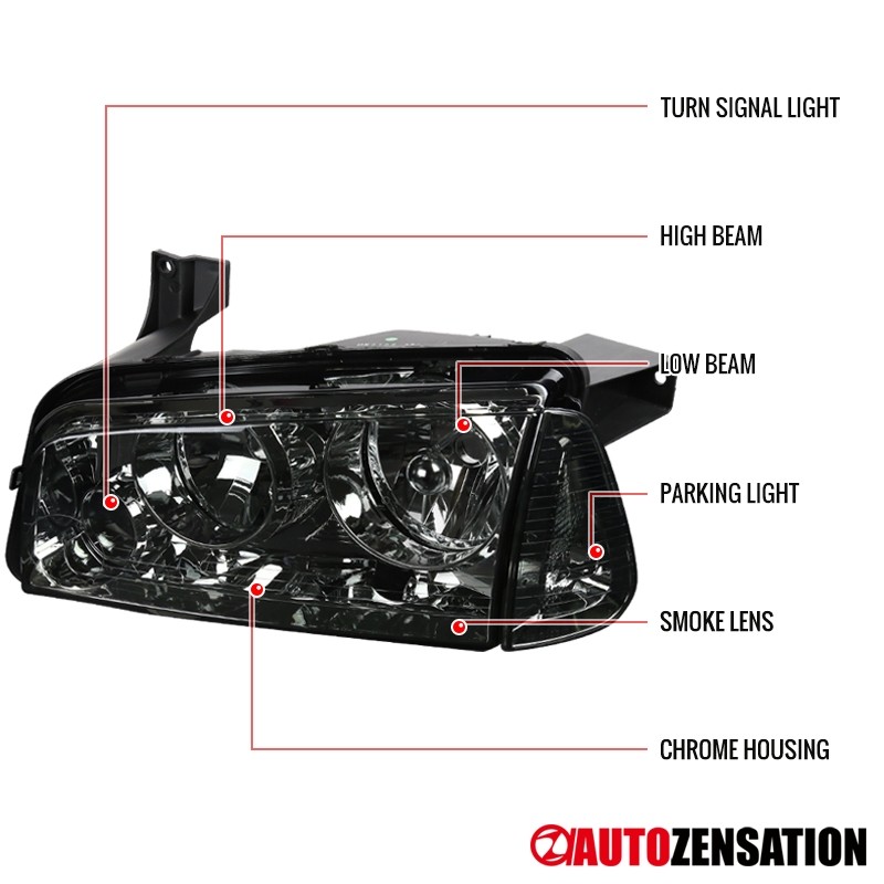 Fit 2006-2010 Dodge Charger Smoke Lens Headlights+Corner Turn Signal Lamps Pair