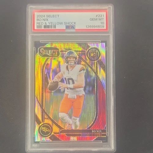2024 Panini Select Club Level Bo Nix #221 Red & Yellow Shock Rookie PSA 10