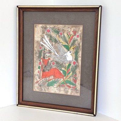 Vtg Mexican Amate Bark Painting Framed Folk Art Bird Deer Floral Wall Decor 17 