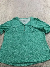 Croft & Barrow Women Floral Short Sleeve Pockets V-Neck Blouse Green Size 1X