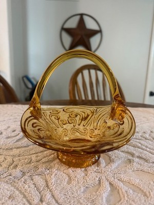 Vintage 1960s Imperial Atterbury Scroll Basket Amber Glass Applied Handle