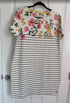 Joules Riviera Kleid weiß gestreift Blumen Baumwolle Jersey Etuikleid Gr UK 16