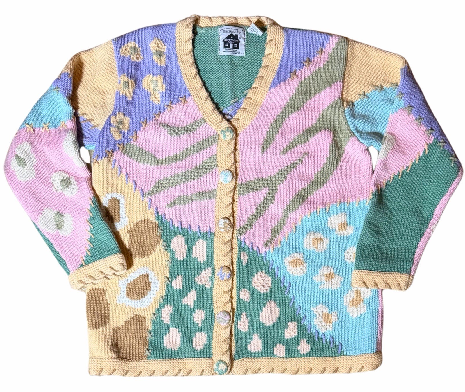 Storybook Knits Patchwork Animal Print Cardigan Sweater Pastel L Vintage
