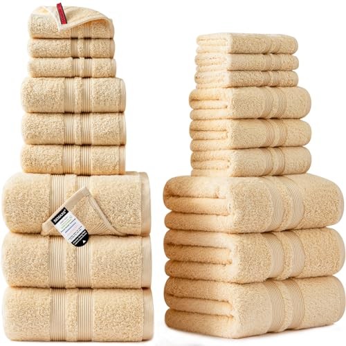18-Piece Beige Towel Set - 600GSM 100% Cotton - 6 Bath, Hand & Washcloths