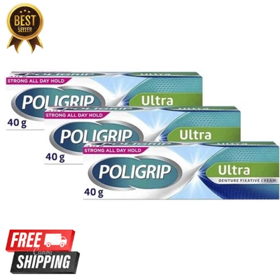 3x Poligrip Ultra Denture Fixative Cream 40g Polygrip zinc free - Mint Flavour