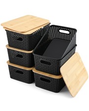 Storage Bins with Bamboo Lids Set of 6 Lidded Storage Container Plastic Baske...