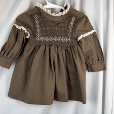 Vintage Polly Flinders Brown Smocked Dress Floral Embroidered Sz 2 High Neck