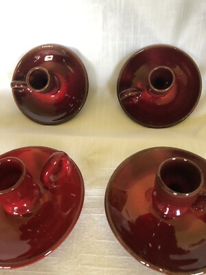 Red Clay North Carolina Pottery Candleholders Set/4 Candy Apple Red Glaze 1975
