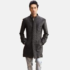 Men's Quilted Mid Length Midlander Black Trench Biker Real Leather Coat Jacket