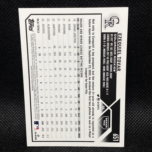 2023 Topps EZEQUIEL TOVAR RC Colorado Rockies Rookie #651 - Picture 2 of 2