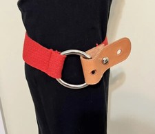 EUC Women's Vintage Woven Belt Red w/Tan Leather Buckle Silver Ring Unique