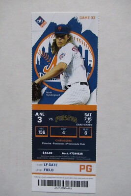 NEW YORK METS VS PIRATES 6/3/2017 FULL TICKET ~ NOAH SYNDERGAARD