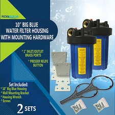 2 Big Blue Housings 10" for Whole House Water Filtration System, 1” Brass Port 