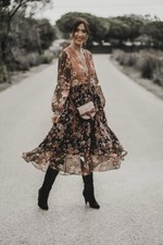 ZARA WOMEN FLORAL AUTUMN PRINT MIDI DRESS PUFF-SLEEVES SZ L | 8076/727
