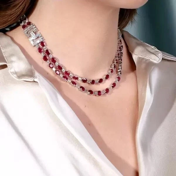 52ctw Created Oval Cut Ruby & Diamond Two Row Statement Necklace 14k Gold Plated - Image 4 of 4