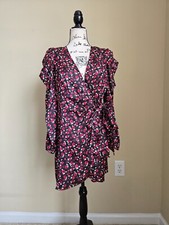 Something Navy puff sleeve wrap dress floral mini womems S