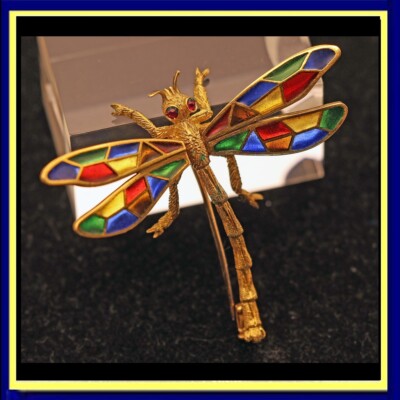 Vintage Buccellati Dragonfly Brooch Plique A Jour Enamel 18k Gold Italy (5657)