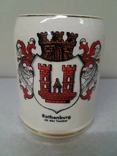 Vintage German Rothenburg Shot Cup Ceramic Grey Red Yellow Crest Rare