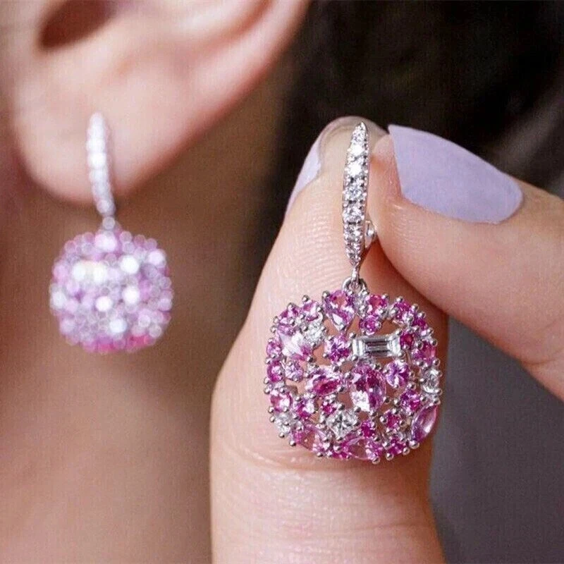 14k White Gold Plated Round Cut Simulated Sapphire Women's Drop/Dangle Earrings - Image 3 of 4