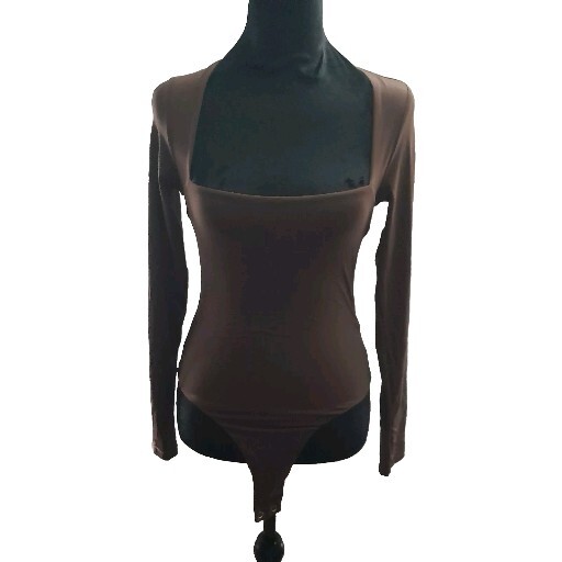 Qinsen Bodysuit For Women Sexy Square Neck Longsleeve Brown Sz S-image