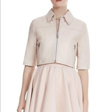 Maje Lamb Leather Brittany Crop Biker Jacket Light Pink Rose 40