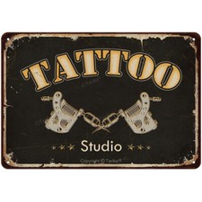 Vintage Tattoo Studio Tin Sign - 12x8 Inch Aluminum Metal Wall Art with Distress
