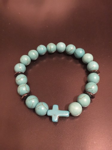 Mens 8” Turquoise Green Gemstone Howlite Beaded 10mm Stretch Bracelet Cross Gift - Picture 5 of 10
