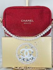 New Chanel Beaute Red Cosmetic Pouch converted Bag With 2 Chains/Box